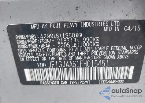 2015 Subaru Impreza из США, поврежденный, VIN JF1GJAA61FH015451